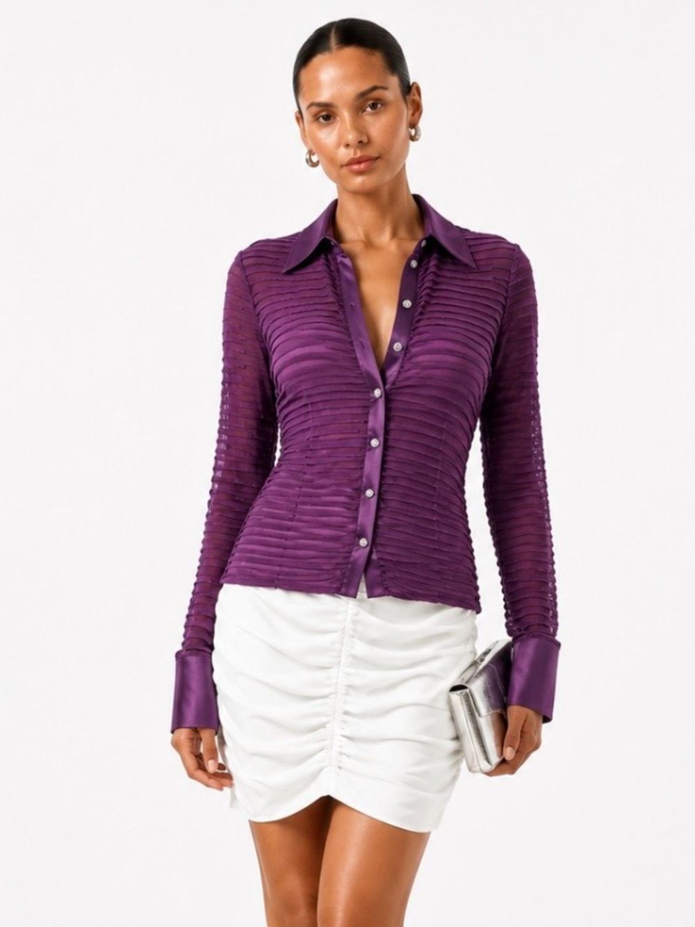 JS Collection Purple Long Sleeve Sheer Panel Button Up Top Size 12